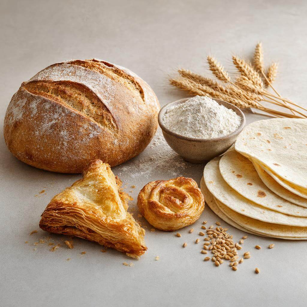 Una serie di alimenti a base di grano e farina disposti in una natura morta