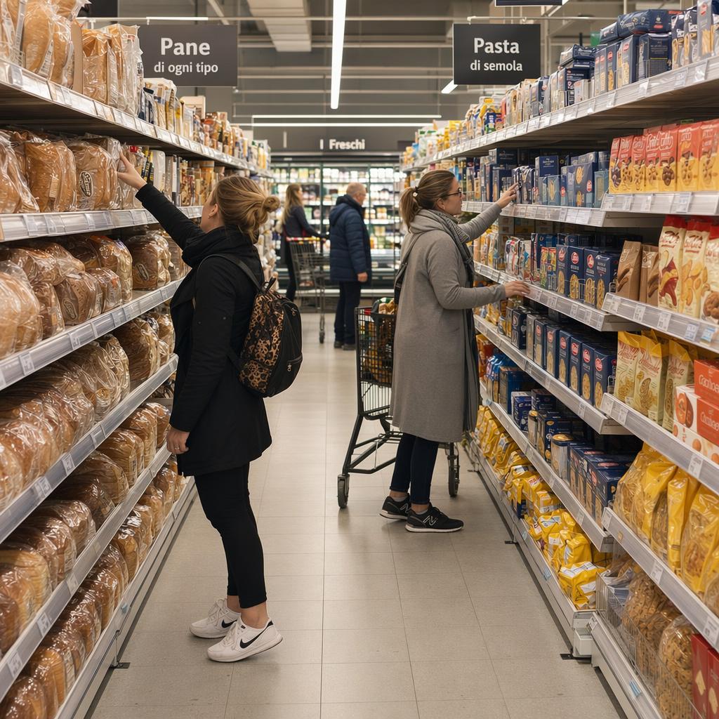 Clienti leggono etichette senza glutine di pane e pasta al supermercato