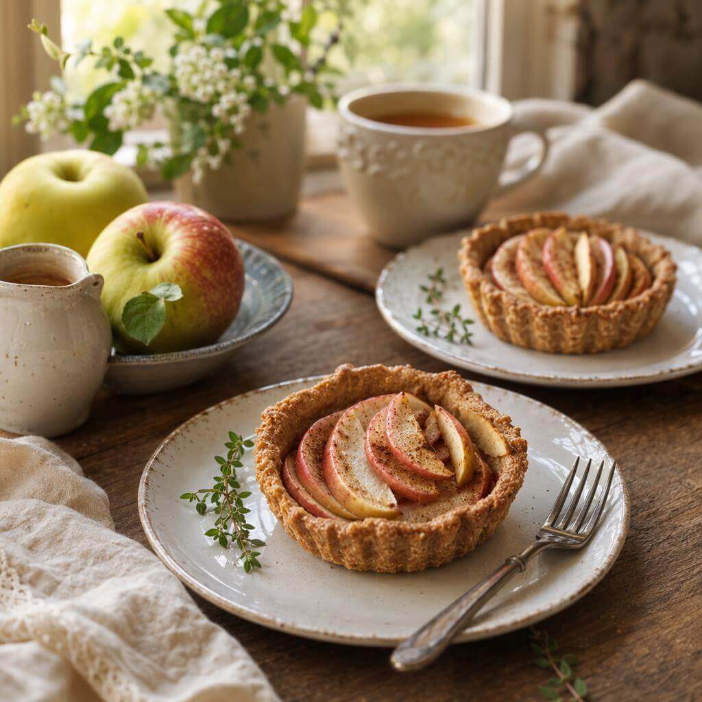 Crostatine senza glutine con crema e mele su tavolo rustico