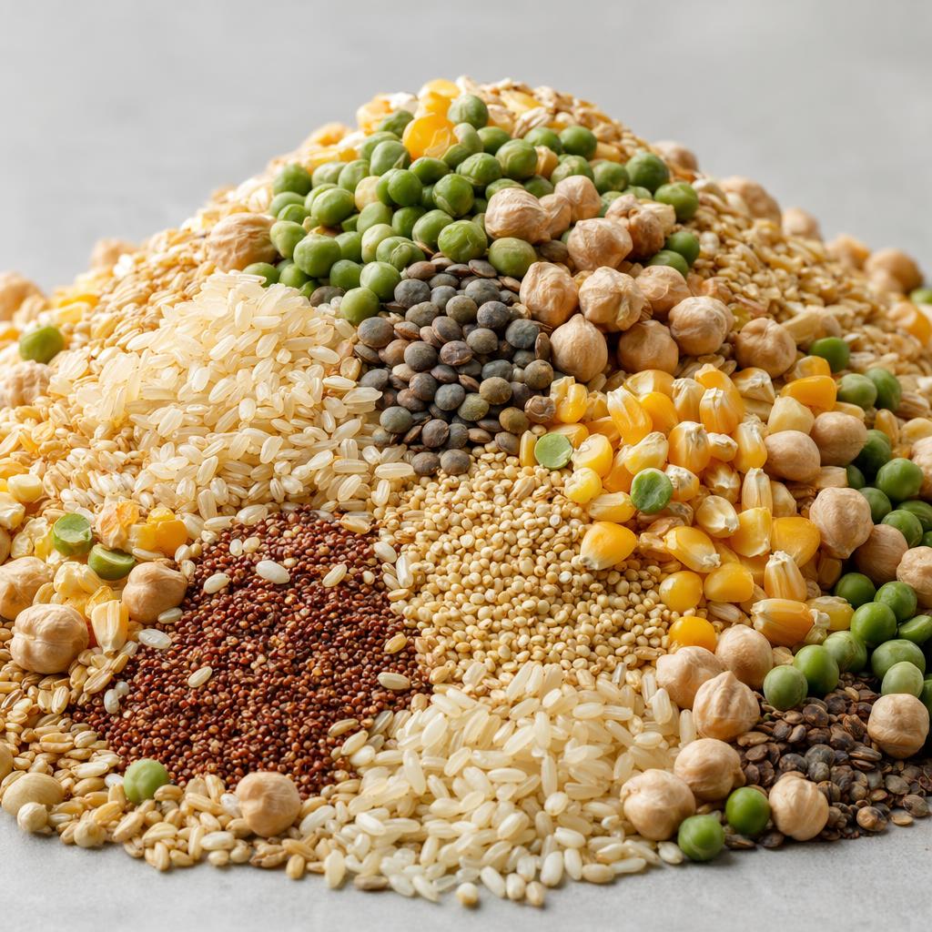 Mucchio di cereali e legumi assortiti per un mix di farine senza glutine