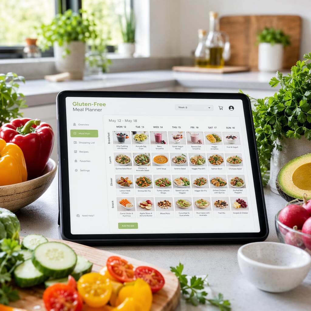 Tablet con planner pasti senza glutine in cucina