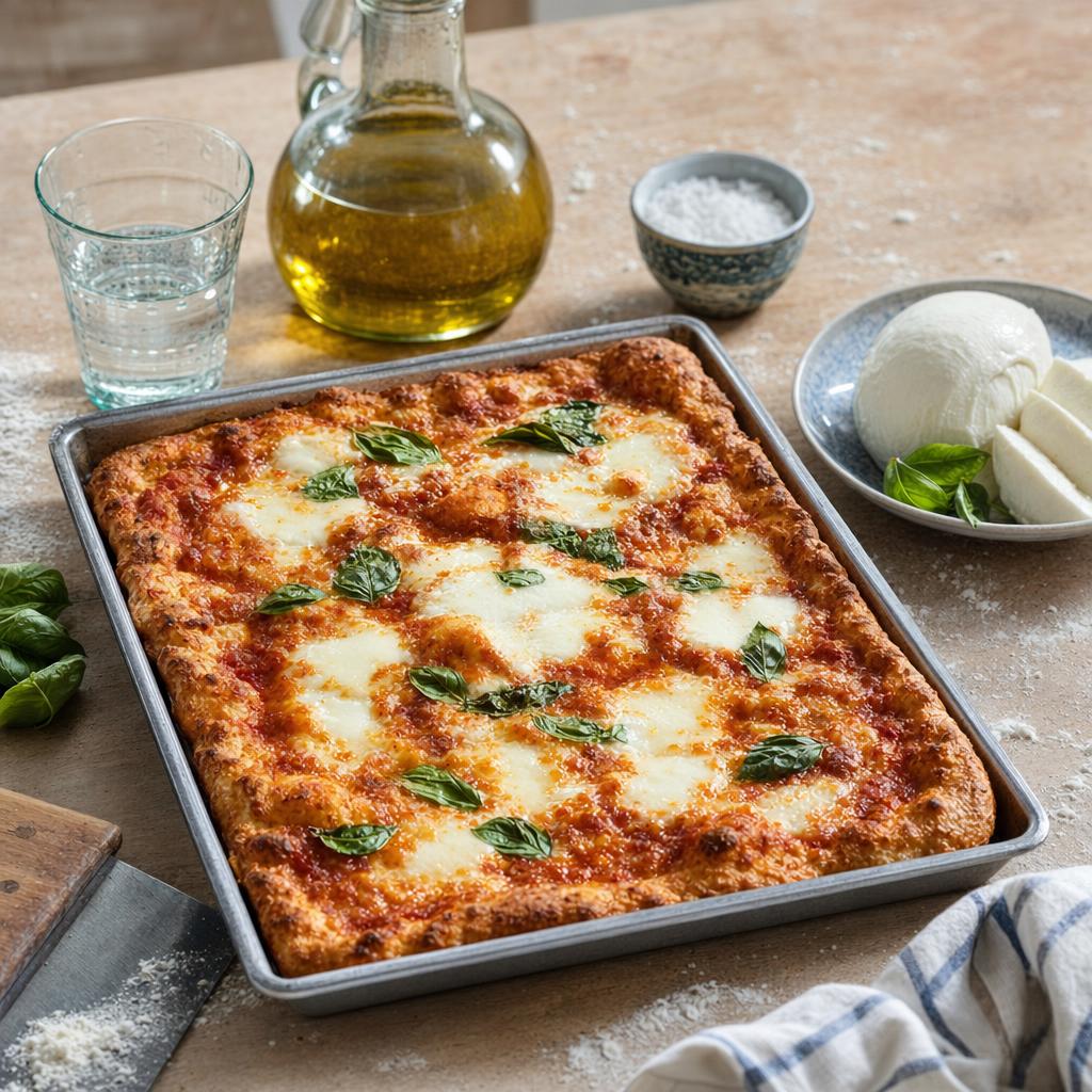 Pizza margherita in teglia senza glutine con basilico fresco