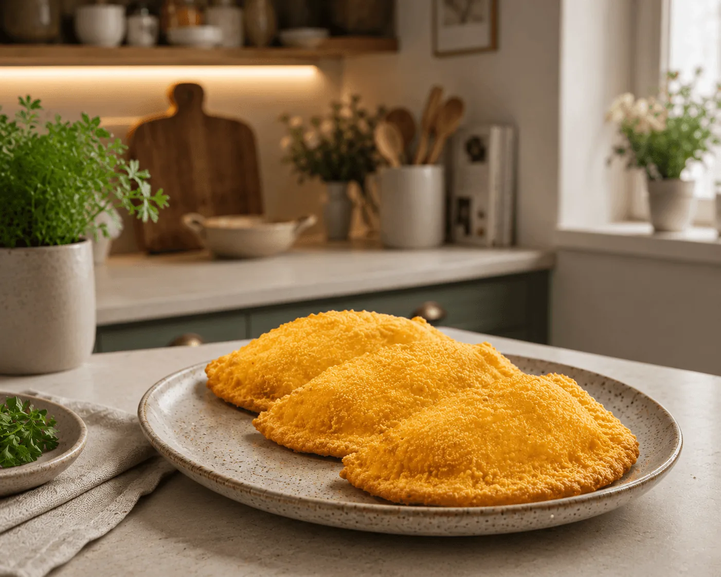 Tre sofficini senza glutine su piatto in cucina