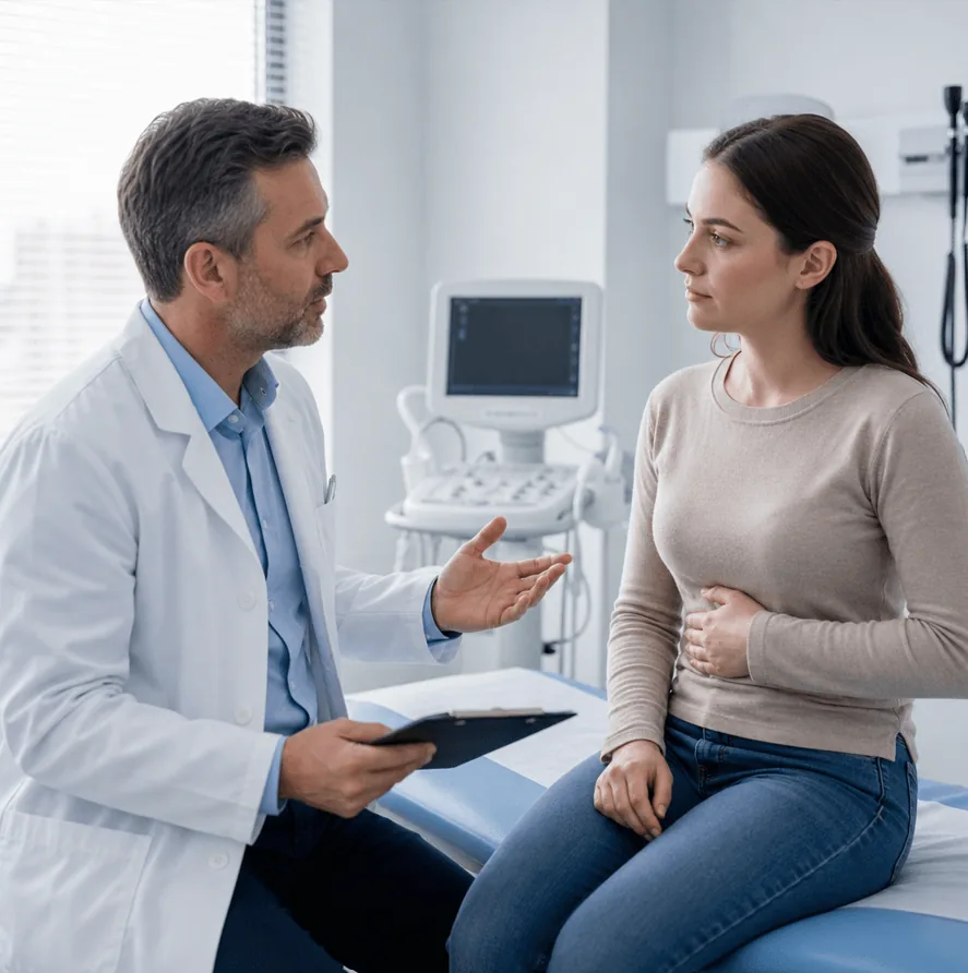 Medico consulta giovane donna con dolore addominale dovuto a celiachia