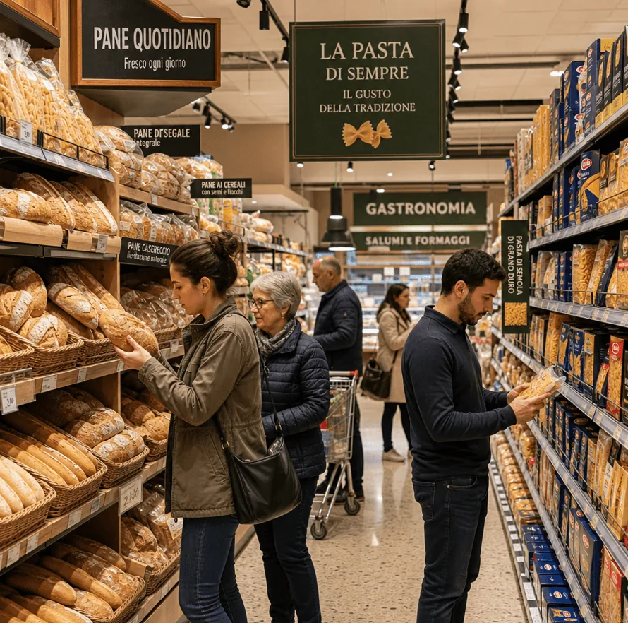 Clienti scelgono pane e pasta senza glutine in un supermercato italiano