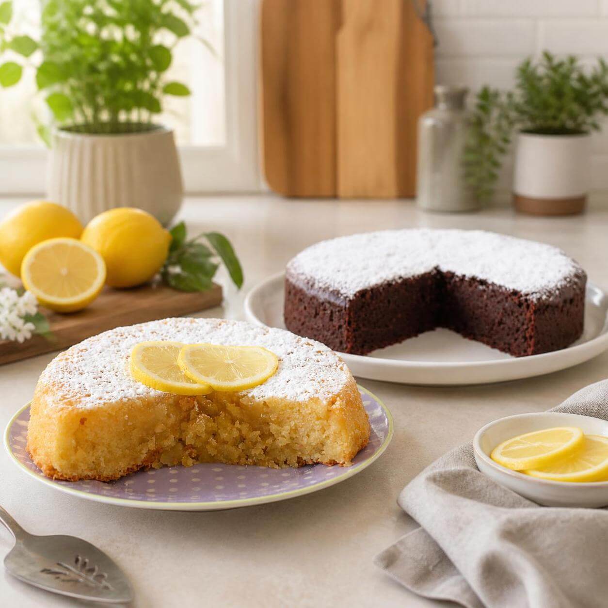 Torta caprese al limone e al cioccolato spolverate di zucchero