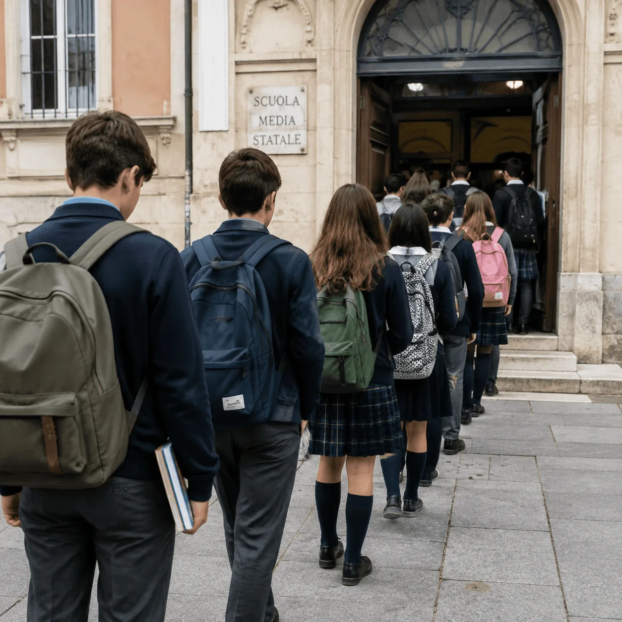 Studenti in fila all’ingresso di una scuola media statale