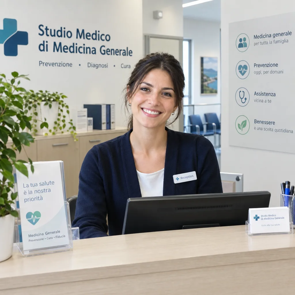 Receptionist sorridente alla reception di uno studio medico