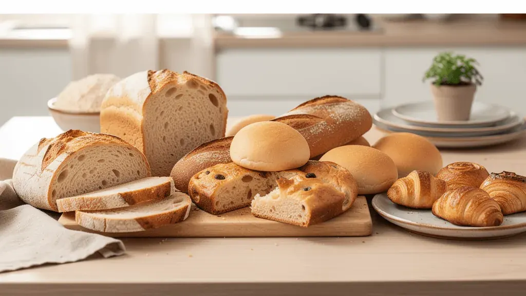 Pane, focacce e croissant senza glutine su tavolo