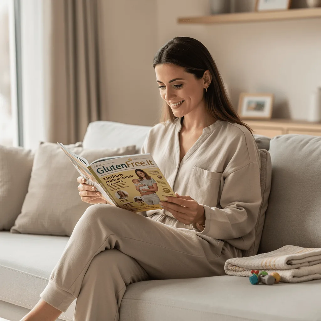 Donna legge rivista senza glutine sul divano